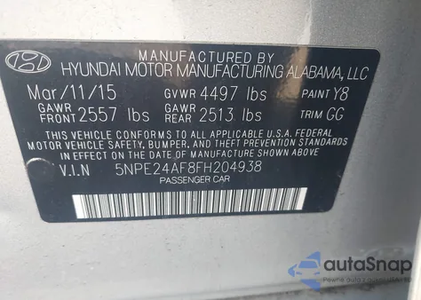 2015 Hyundai Sonata Se z USA, uszkodzony, nr VIN 5NPE24AF8FH204938